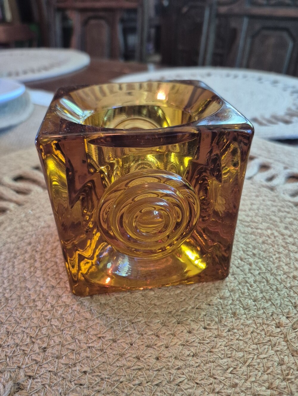 Viking Glass Bullseye Glimmer Votive Candle Holder Paper Weight Epic Line  Amber